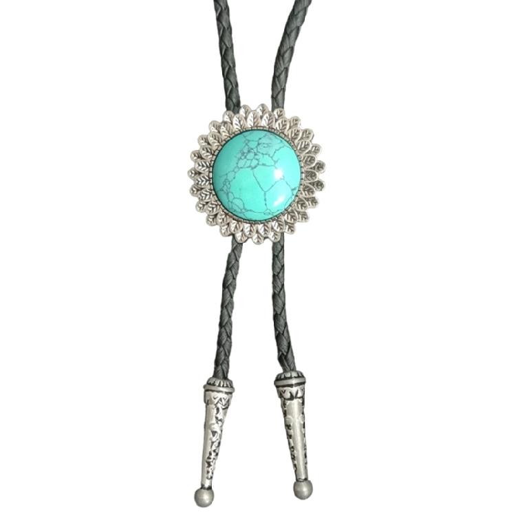 Braided Shoestring Flower Stone Bolo Tie Carved Charm Cowboy Necktie Necklace