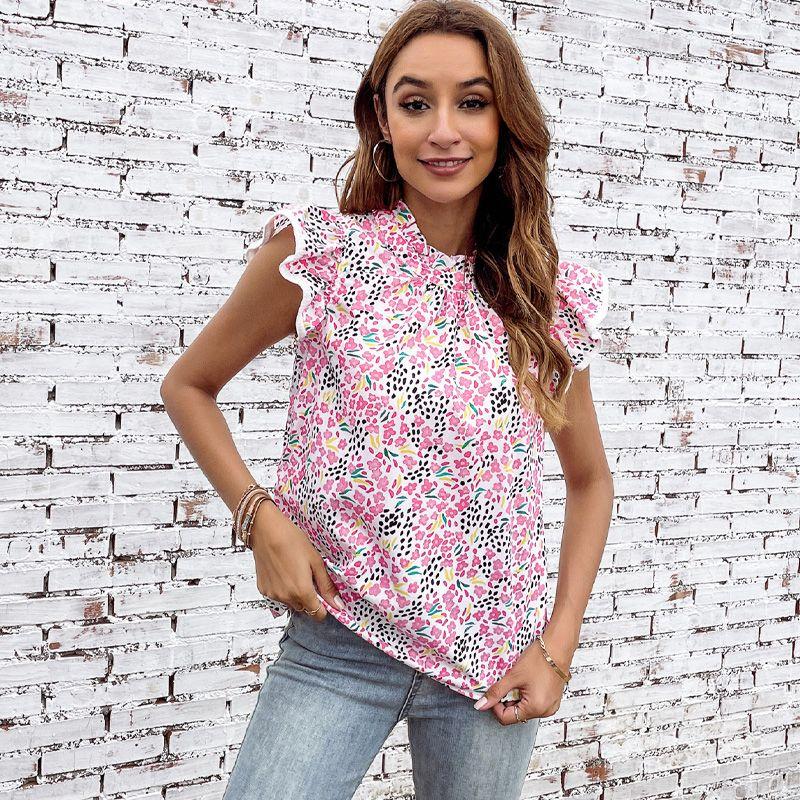 

2024 Summer New Arrival Ruffle Sleeve Chiffon Shirt for Women Fashion Thin Abstract Florals Print Turtleneck Sleeveless Vest for Women LC25120398-Pink Size S fit (45.00 kg-55.00 kg