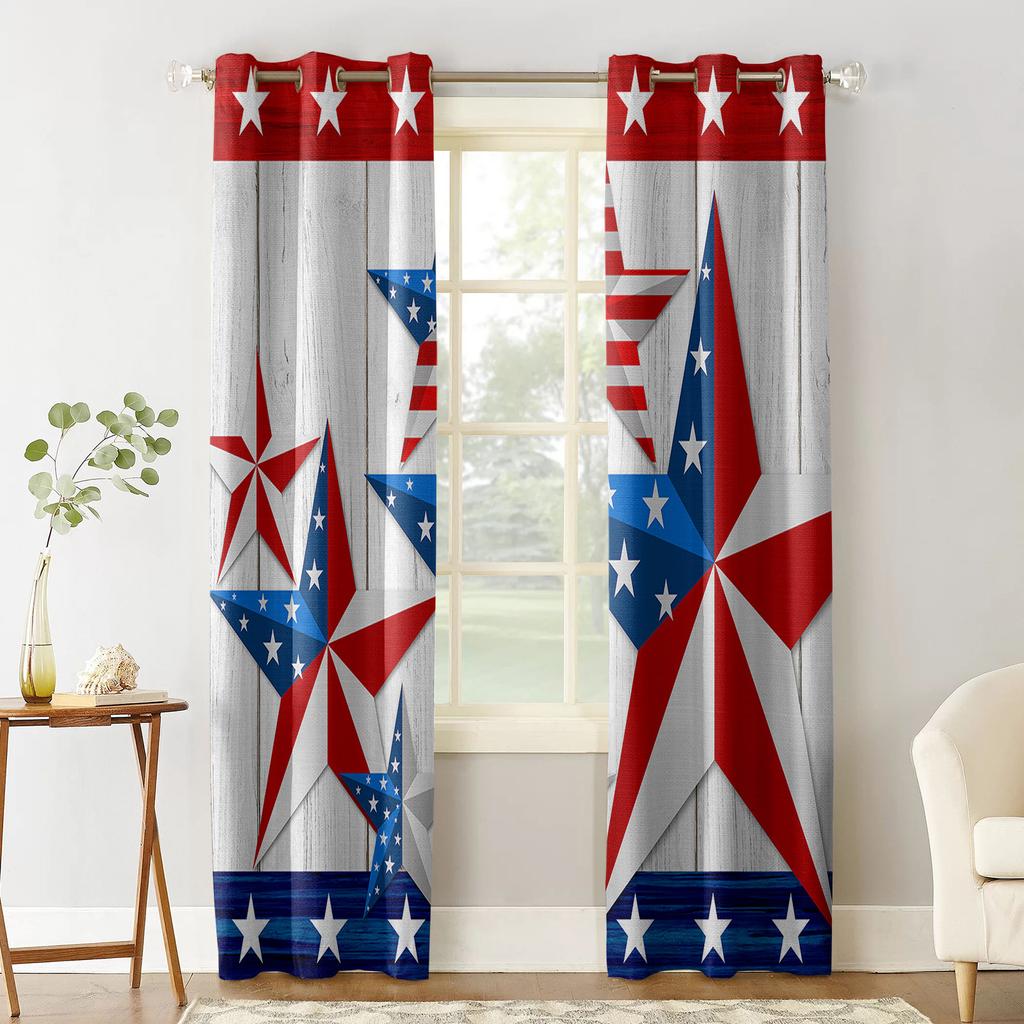 Independence Day Wood Grain Pentagram Blackout Curtains For Kitchen Bedroom Kids Room Window Treatment Curtains for Living Room