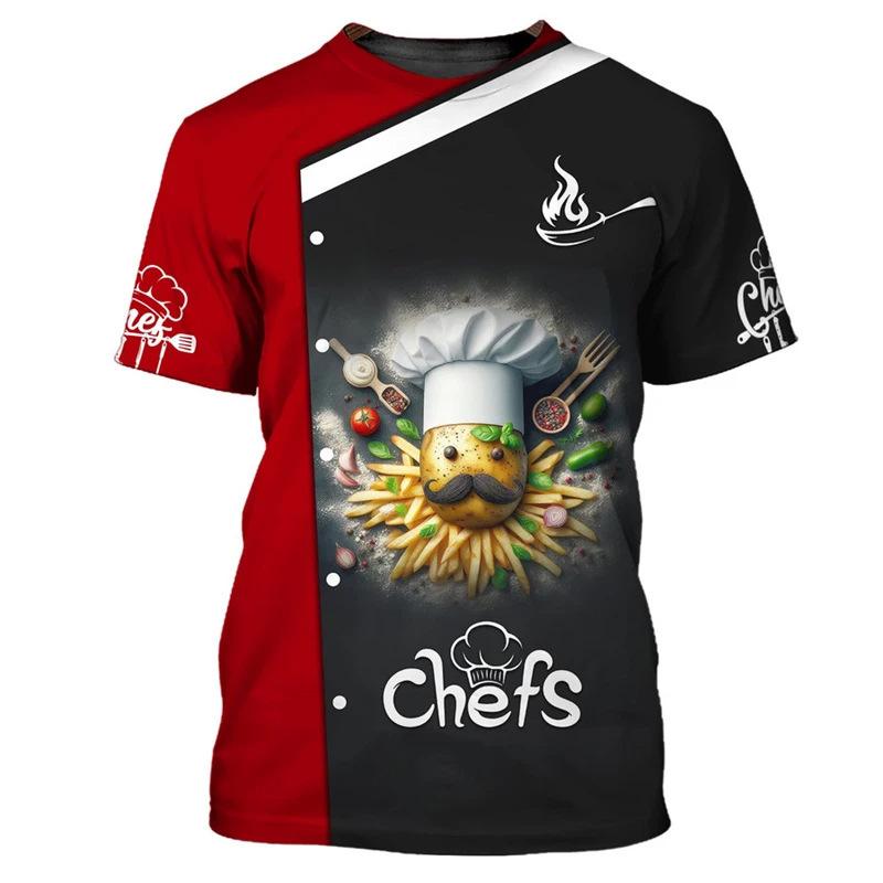 Chef Workwear 3D Printed Cooking Graphic T Shirts Chef Uniform Short Sleeved Harajuku Chef Fashionable Round Neck Top for Men
