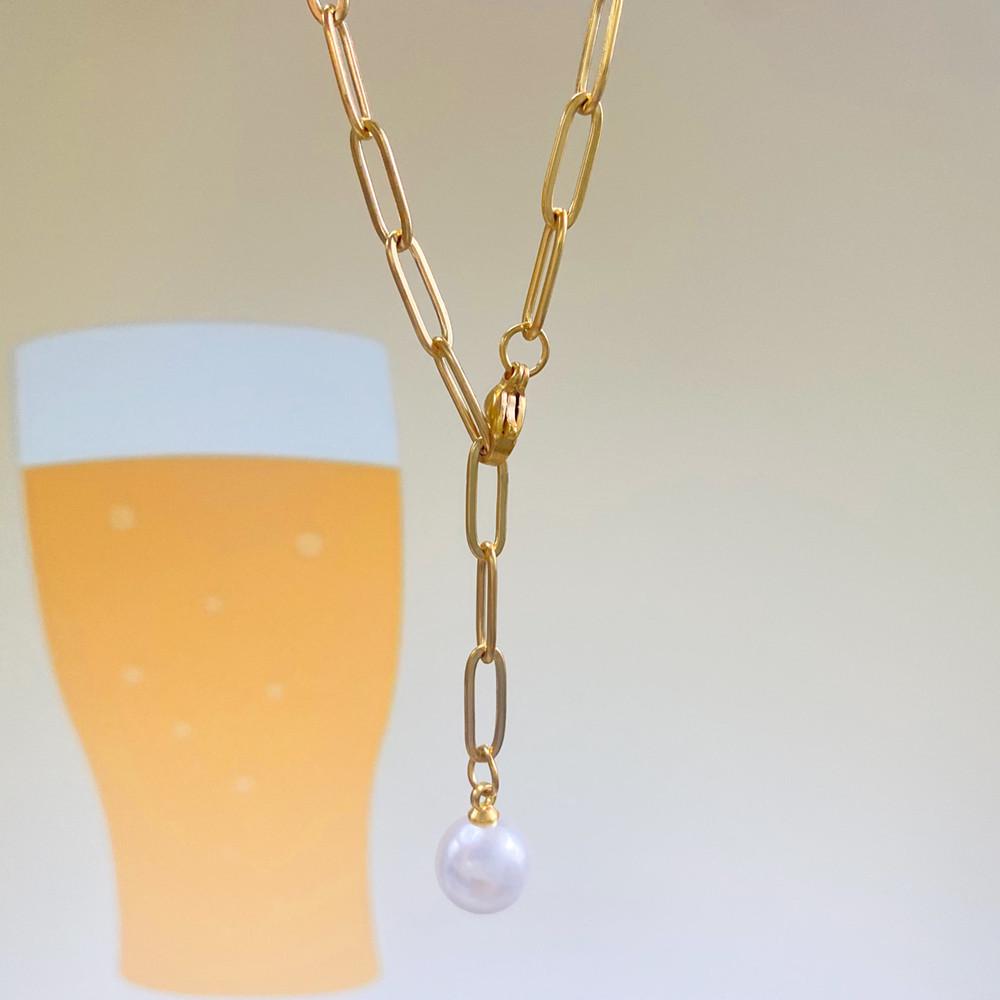 Stainless Steel Paperclip Chain Necklace with Faux Pearl Pendant for Women Standard