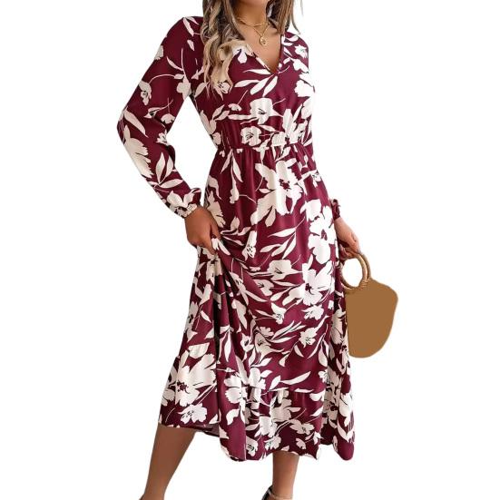 Vestito da donna primavera autunno scollo a V stampa floreale maniche lunghe vita alta stretta linea ad A orlo svolazzante per appuntamenti shopping vestito midi