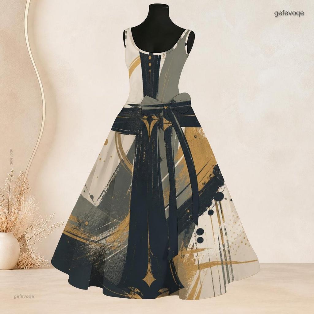 Damen Übergröße Rundhals Ärmellos Adler Print Beige Marine Krawatte Taille A-Linie Langes Kleid