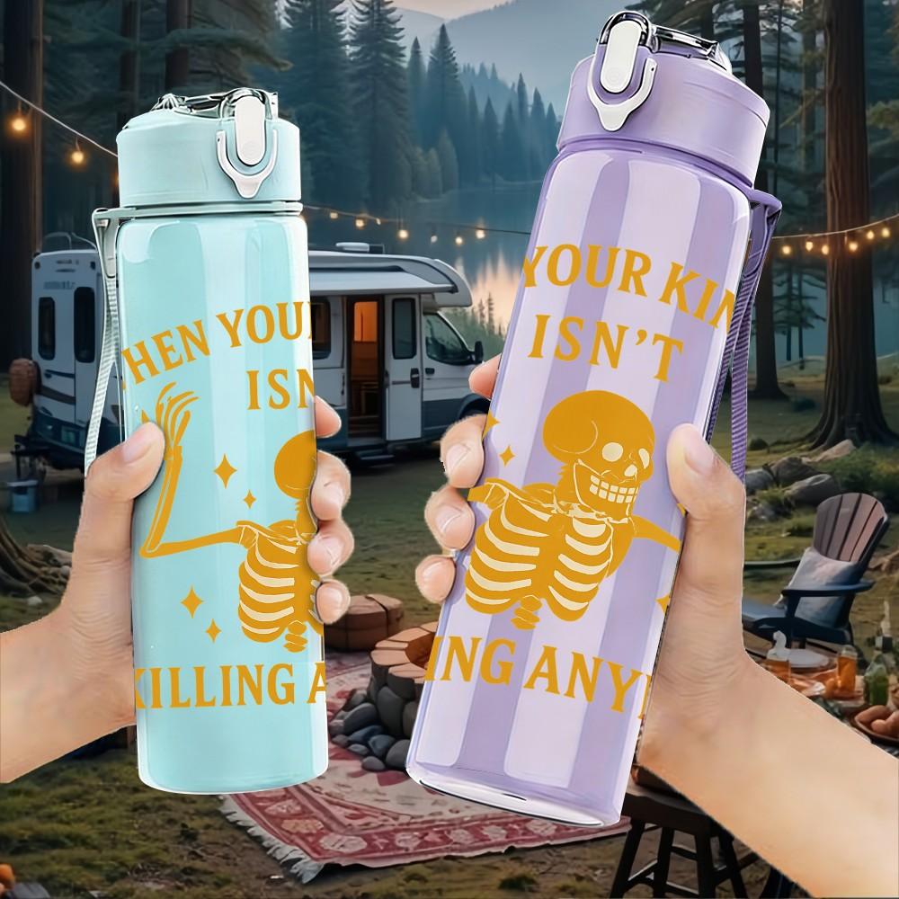 1PC Wheres Your Kindness Skeleton Print 750ml Color Plastic Sports Water Bottle Leakproof Flip Straw Lid Suitable for Sports Office Home Use