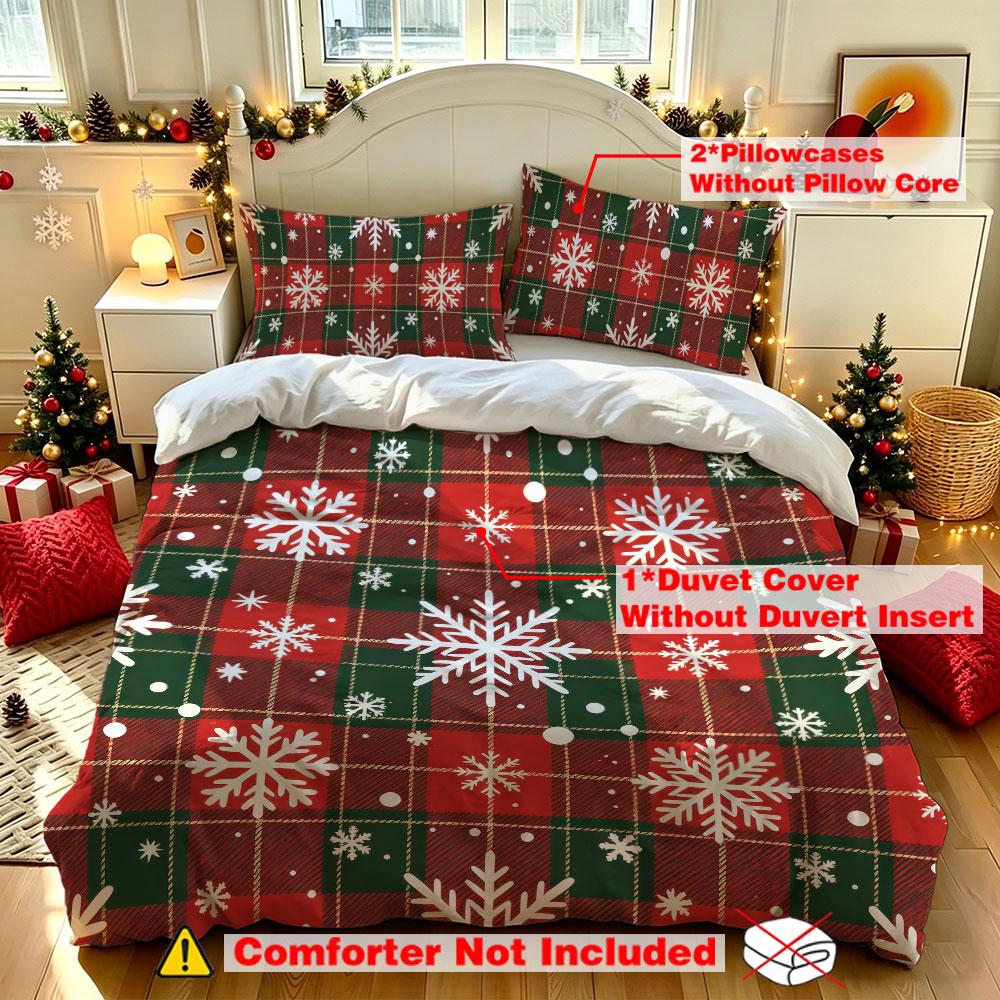 Christmas Duvet Cover Set 3Pcs Red Green Plaid Snowflake Print Soft Microfiber Bedding with Pillowcases Bedroom Decor