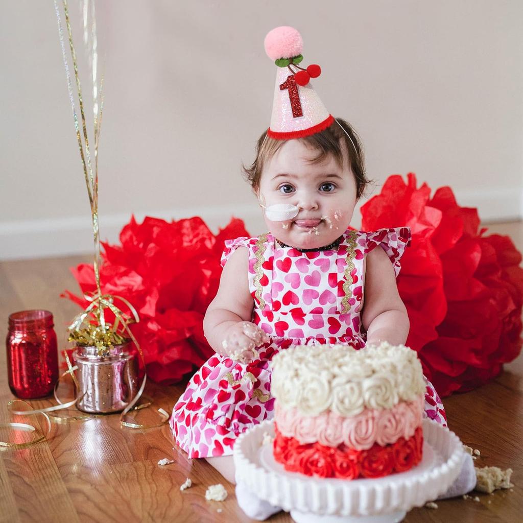Cherry 1st Birthday Hat - Sweet One Birthday Party Decorations,Cherry Pink Glitter First Birthday Hat For Girls,Fruit Themed Cake Smash Party