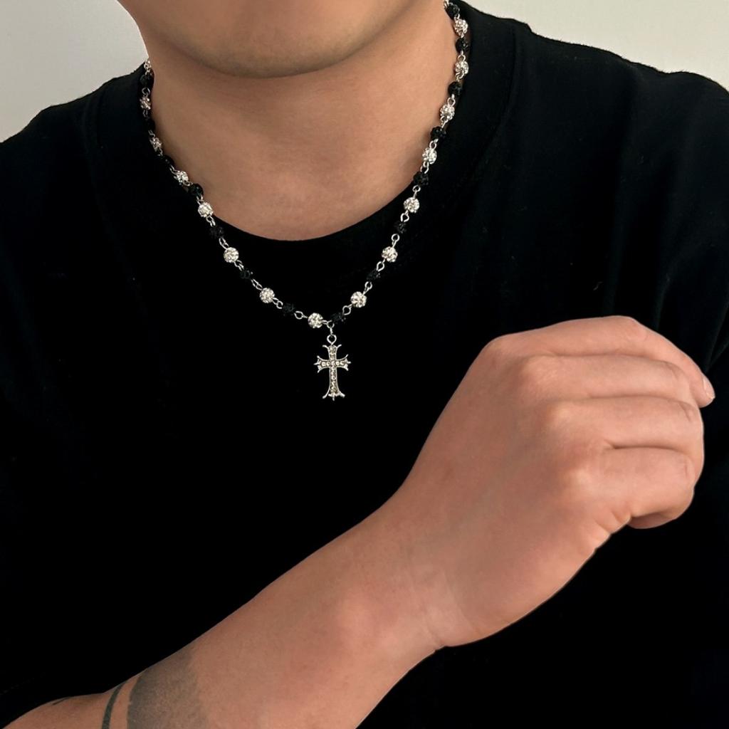 High-end Diamond-encrusted Cross Necklace Men's Hip-hop Niche Men's Diamond Ball Splicing Collarbone Chain Jewelry