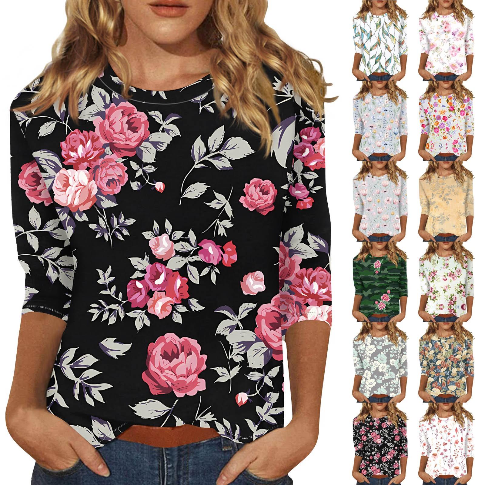 

Рубашки с рукавом 3/4 для женщин, футболки с принтом, блузки, повседневные базовые топы больших размеров, пуловеры