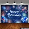 2D Flat Fireworks Happy Birthday Banner Blue Night Sky & Silver Sparkle Backdrop for Birthday Celebration