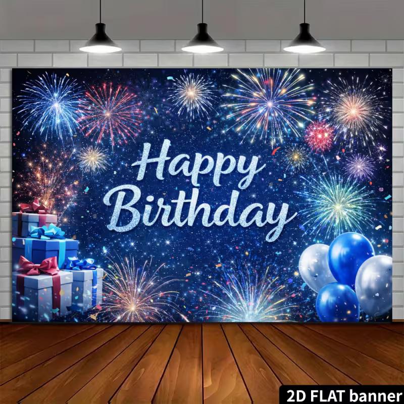 2D Flat Fireworks Happy Birthday Banner Blue Night Sky & Silver Sparkle Backdrop for Birthday Celebration