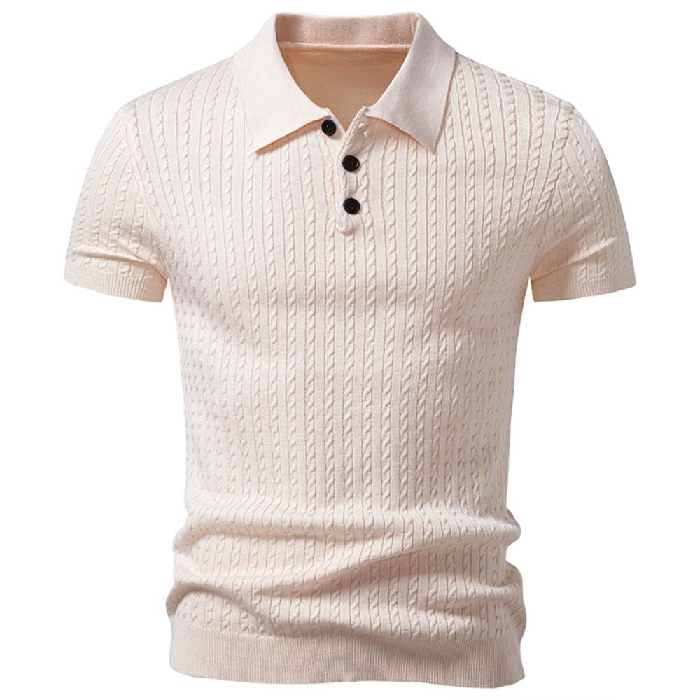 Summer/Autumn Men's V-neck Cable Knit Short Sleeve T-shirt - Business Casual Style