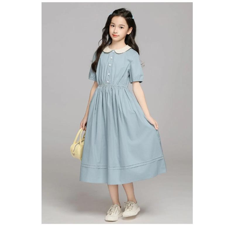 Summer Kids Preppy Student Waisted Party Dresses Child Clothes Teens Peter Pan Girls Daily Wear Button