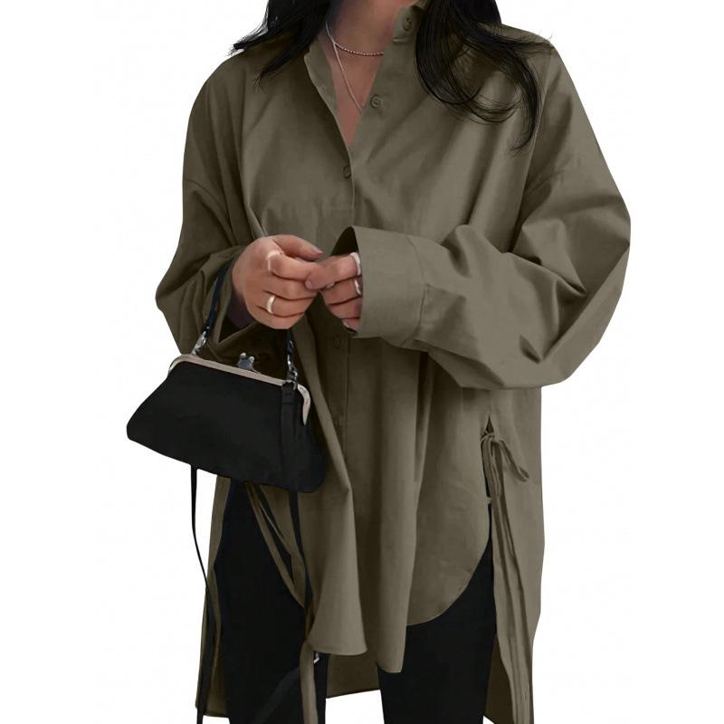 

Модная женская блузка повседневная рубашка с отложным воротником и длинным рукавом разрезом по низу 2XL