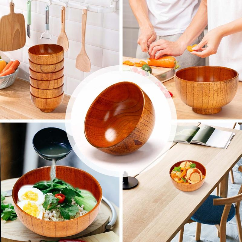 6 Stück Holzschüsseln Serviergeschirr für Reis, Suppe, Dip, Kaffee, Tee, Dekoration Holzsalatschüssel Küchenbesteck-Set