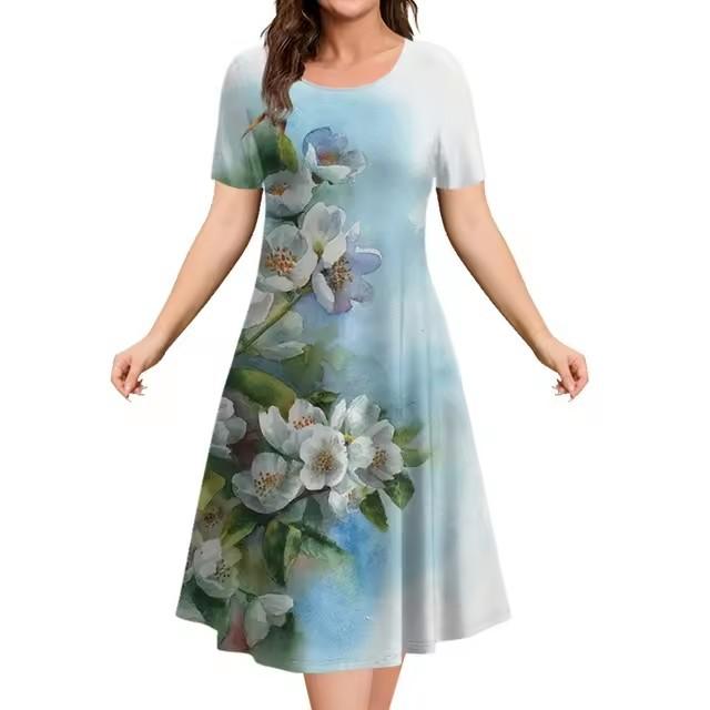Elegantes Damen-Mode-Midikleid mit kurzen Ärmeln und 3D-Druck, Übergröße, Strandbekleidung