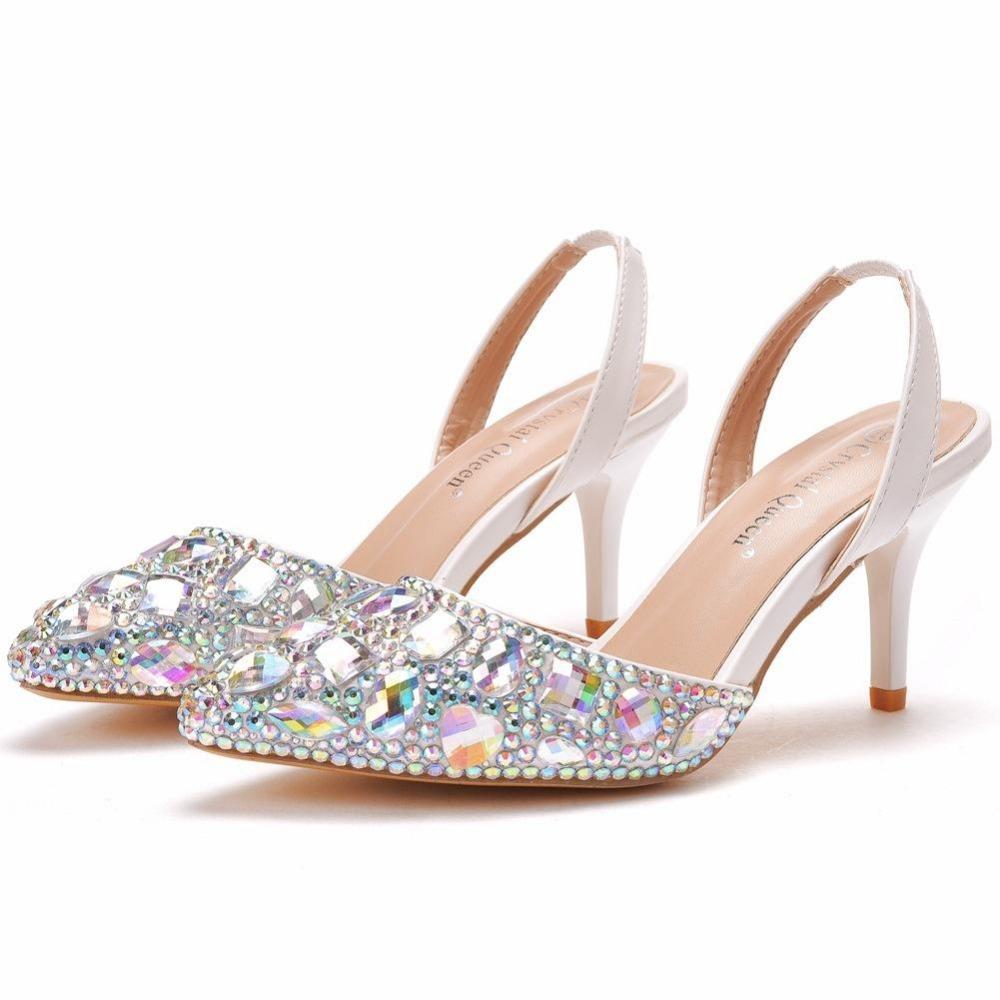 7cm Shallow Tipped Sandals Colored Rhinestone Slim Heel Sandals Large Size Wedding Shoes Bride Wedding Banquet Full Diamond Shoes