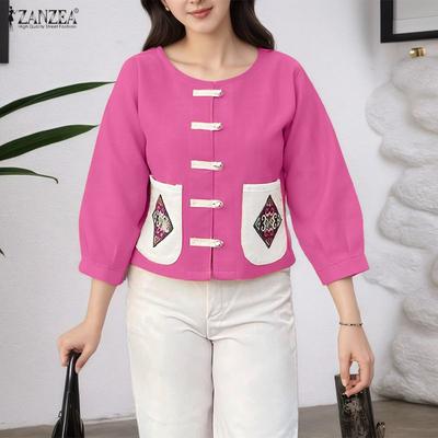 Women Casual Round Neck Patchwork Loose Summer 3/4 Sleeve Blouse