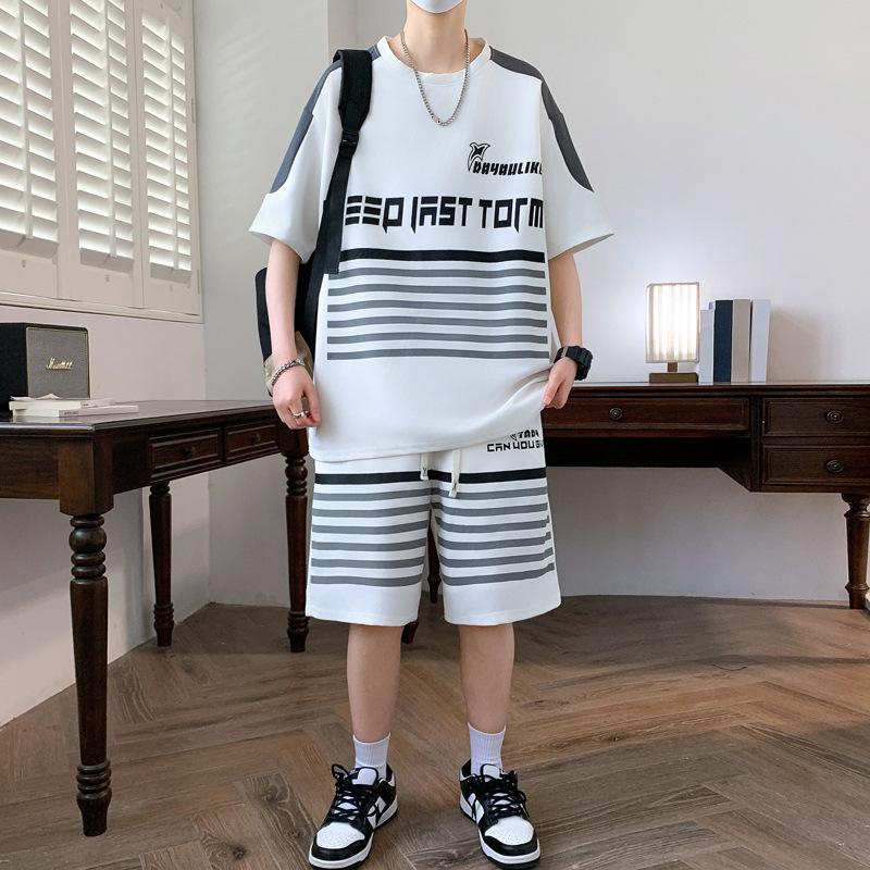 

Летний повседневный спортивный комплект, полосатая футболка с короткими рукавами и шорты 4XL бежевый