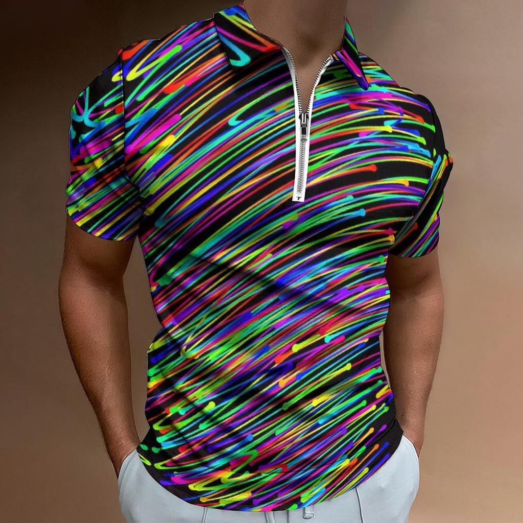 Trendy Geometric Print Short-sleeve Zip Polo, Stylish Casual Men's Top.