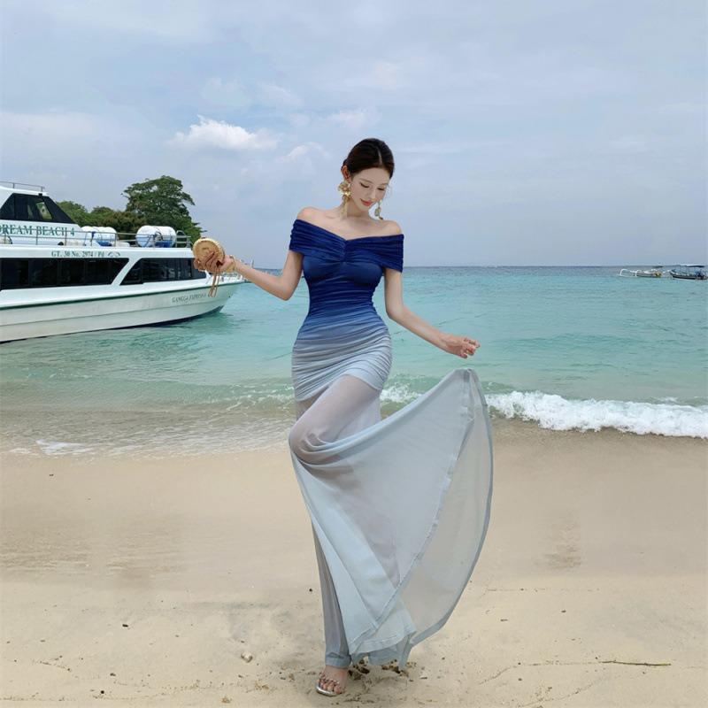 New Blue Gradual Change Mesh Word Shoulder Dress Female Sexy Temperament Slim Holiday Beach Dress