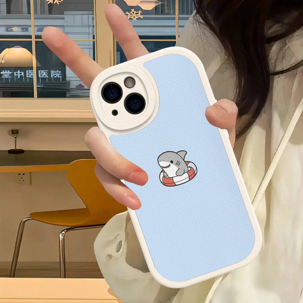 Cute anime Shark Leather Phone Case For iPhone 16 15 14 17 Pro Max 11 12 Mini Plus Soft Shell