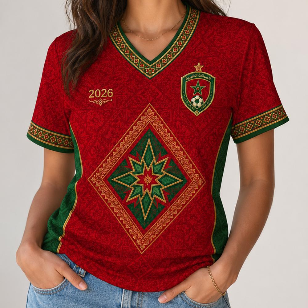 Morocco Style Football T Shirt Women V Neck Red Green Soccer Fan Jersey Arabic Script Star Print Casual Summer Fashion Tee