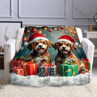 Two Puppies Christmas Theme Pattern Blanket Flannel Material Soft Warm for All Seasons, Home Outdoor Camping Picnics RV