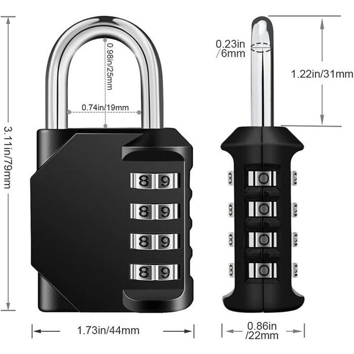 Cadenas à combinaison - YYV - 4 chiffres - Noir - Résistant aux intempéries - Idéal pour casiers