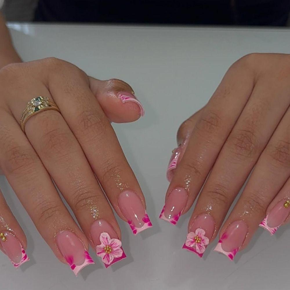 Unghie Finte Lunghe Staccabili Stile Ballerina Fiori Rosa e Strisce Unghie Finte Francesi Unghie Finte Full Cover per Donne
