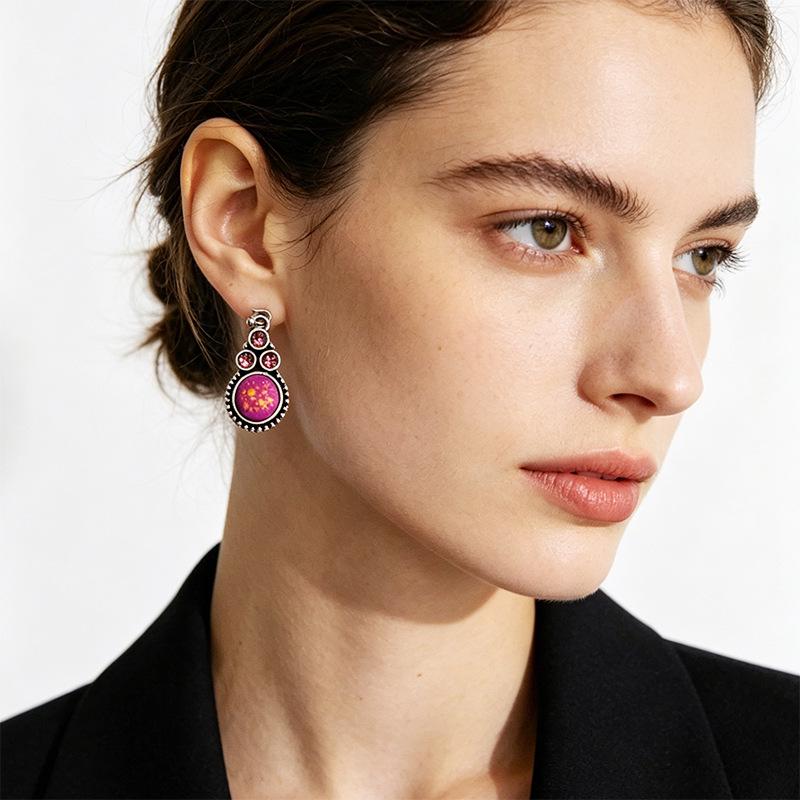 Exotic Rose Purple & Gold Drip Glaze Earrings with Diamonds & Round Stone