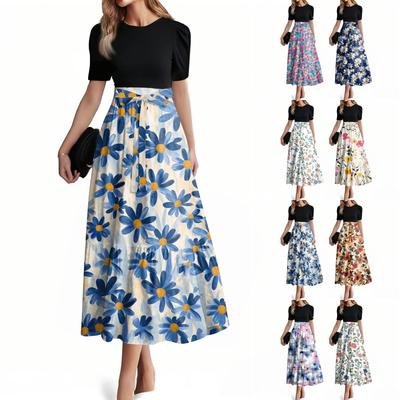 Women's Fashion Casual Belt Short Sleeve Round Neck Stitching Elegant Temperament Dress
