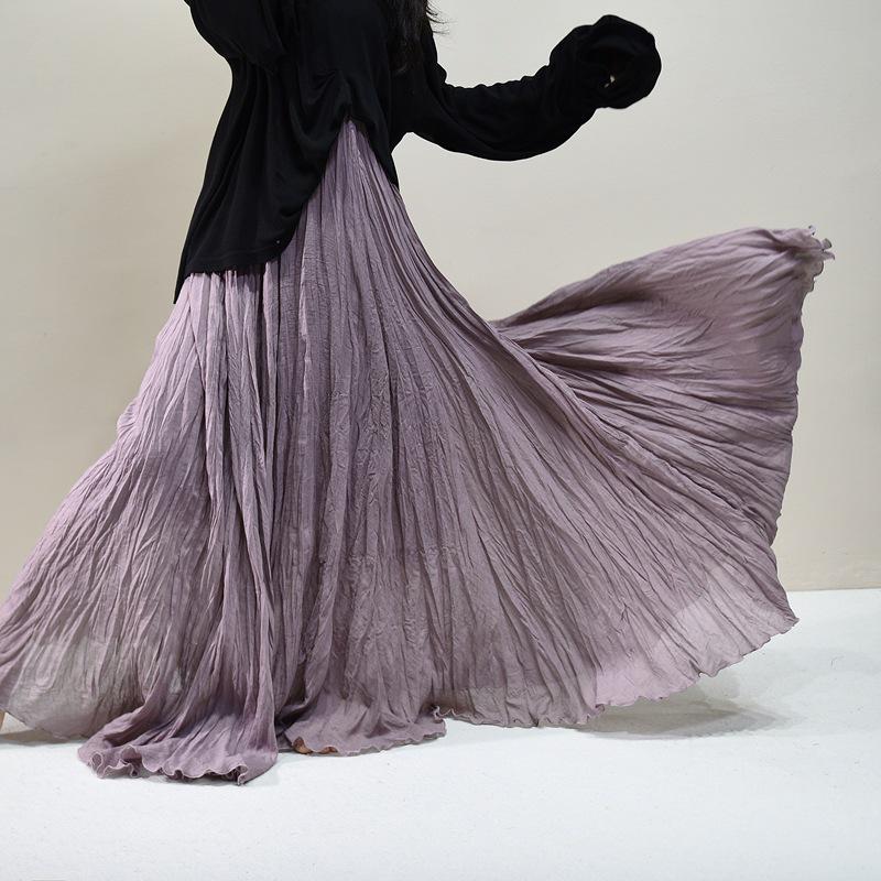 Pleated Cotton Linen Textured Midi Skirt, Women's Spring/Summer 20256 Collection, Large Hem, Floor-Length, Simple Design.
