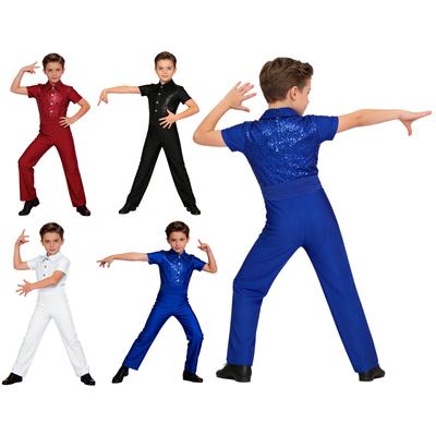 Boys Dance Leotard Turn Down Collar Short Sleeve Sparkle Sequins Button Decor Long Pants Bodysuit for Gymnastics Dance Outfit