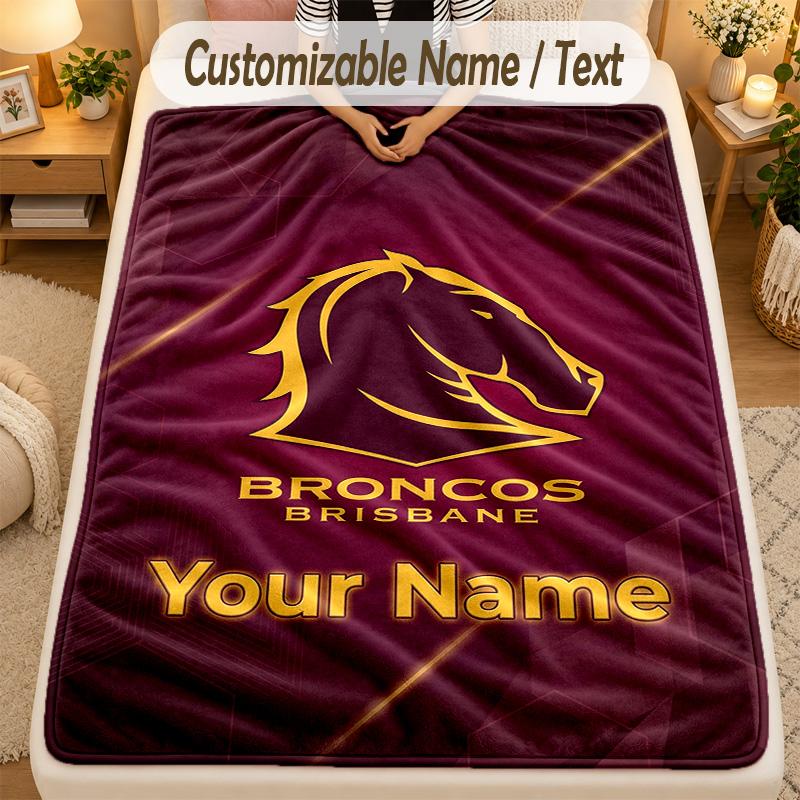 Flannel BlanketBrisbane Broncos Custom Name Text Personalized Soft Warm Throw Blanket Home Decor Gift