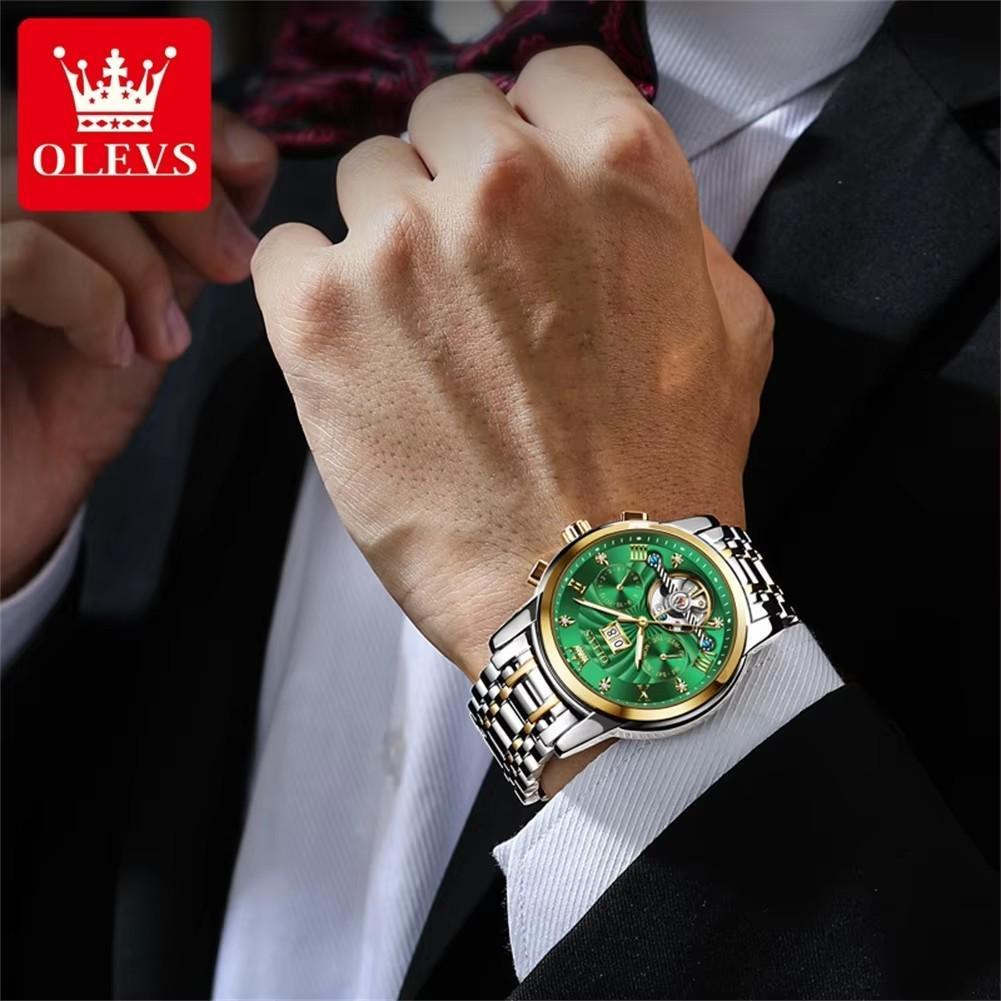 OLEVS Luxury Gold Tourbillon Mechanical Watch for Men Stainless Steel Waterproof Luminous Date Business Mens Watches
