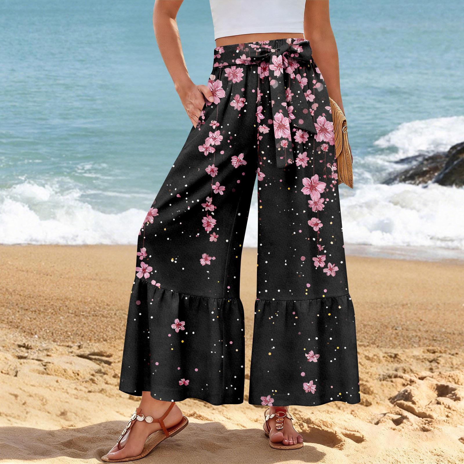 

Женские повседневные брюки-клеш, эластичные, с высокой талией, с оборками по низу, широкими штанинами, с поясом и карманами S чёрный