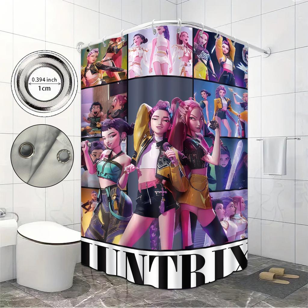 1pc K-Pop Demon Hunters Printed Waterproof Shower Curtain Privacy Hanging Curtain with 12 Hooks Multiple Sizes Machine Washable