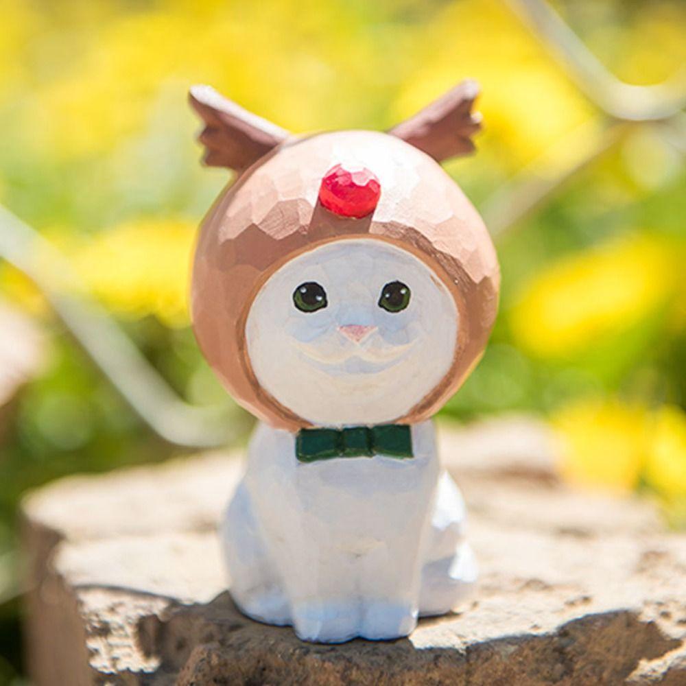 Solid Wood Painted Cartoon Cat Sculpture Handmade Hand Engraving Cat Decorations Girls