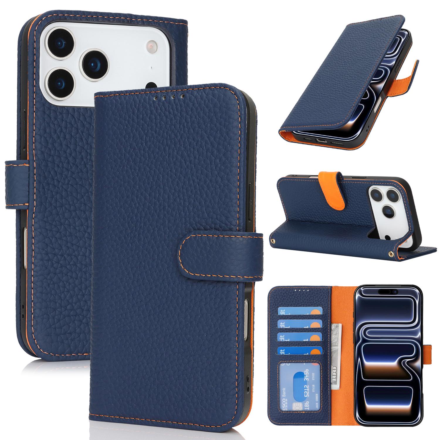 

For iPhone 17 Pro Max Stand Case Litchi Texture Genuine Cow Leather Wallet Phone Cover RFID Blocking