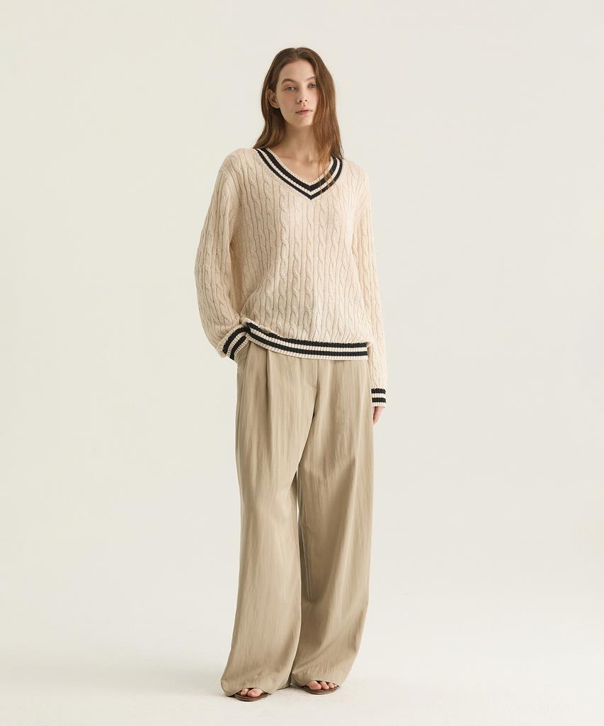 Oteumilkape Mid-Rise Pleated Wide Pants - Beige