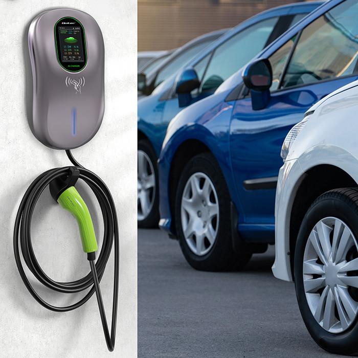 Qoltec Stacja ładowania EV 2w1 Typ2 | 22kW | Wi-fi| Smart life APP | LCD | RFID | 3 fazy | Wallbox | 5m