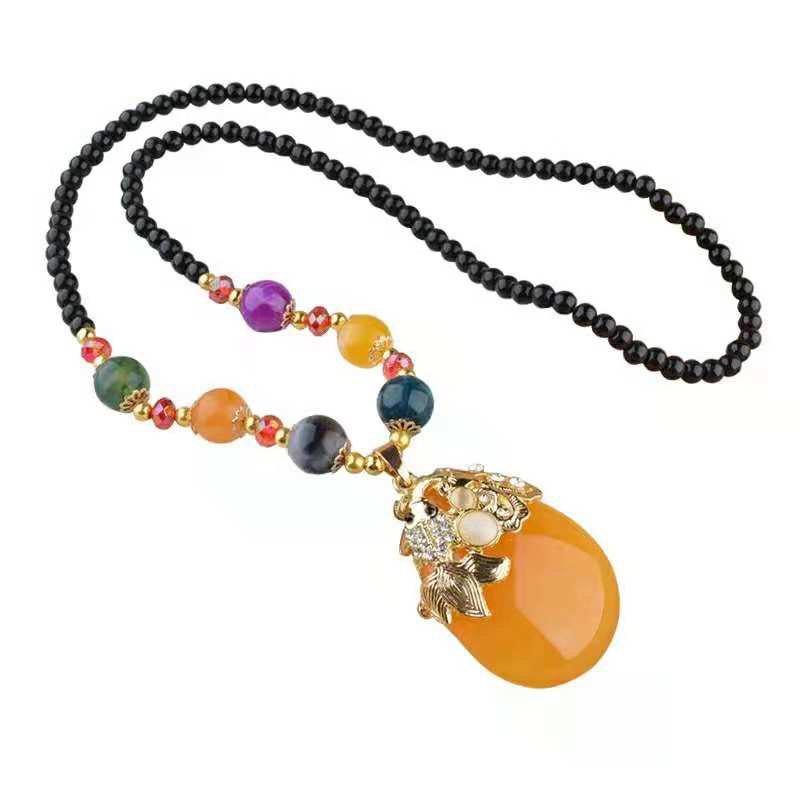 Colorful Beaded Goldfish Sweater Necklace for Women - Imitation Honey Wax Fashion, All-Match Autumn & Winter Jewelry.