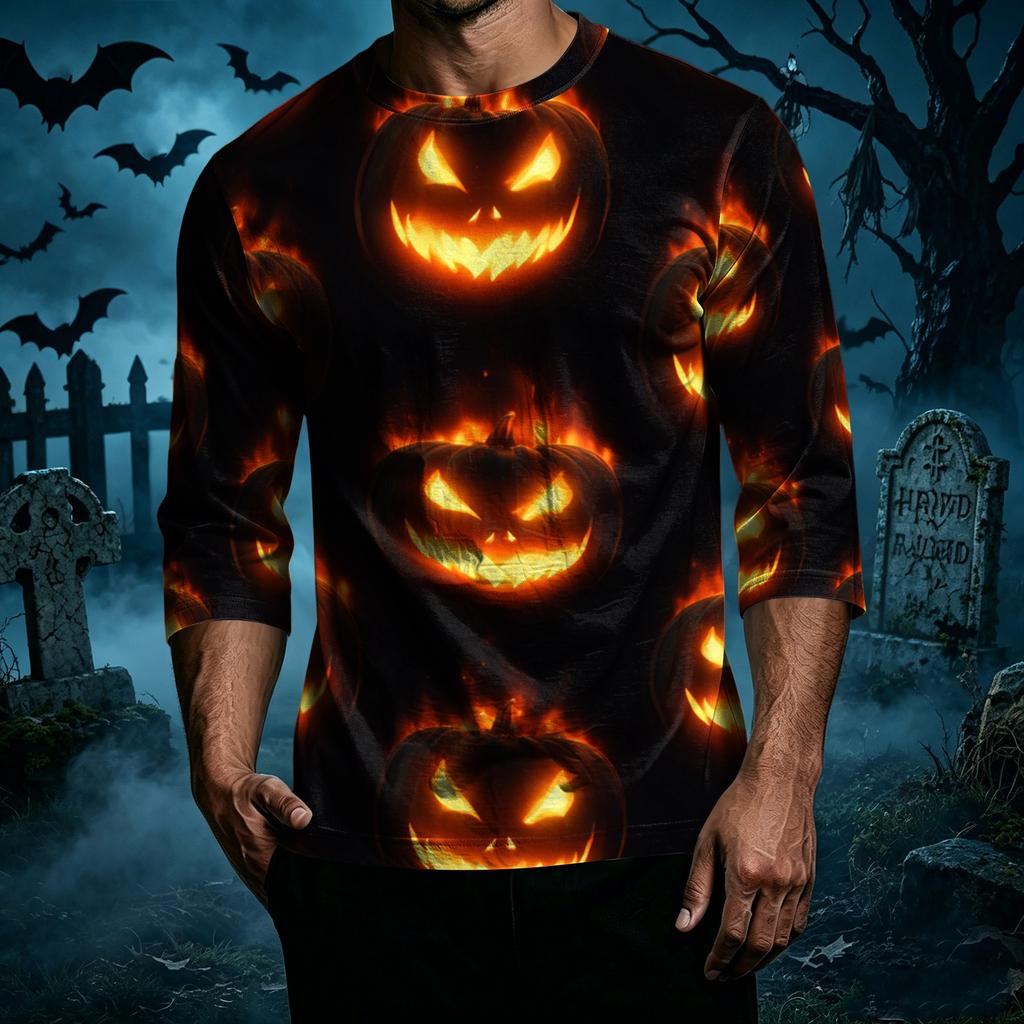 Men's Casual Halloween Printed Crew Neck T-Shirt Three Quarter Sleeve Top Lightweight Comfortable Fit for Everyday Wear