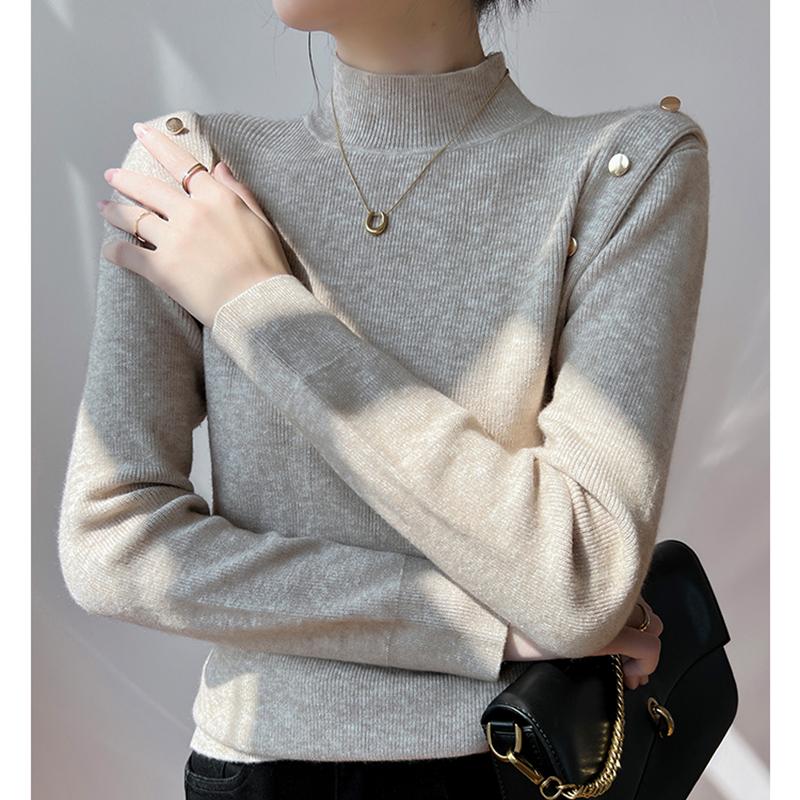 Pull Tricoté Élégant Mode Col Mi-Haut Uni Femmes Automne Décontracté Coupe Slim Manches Longues Pulls Femmes Tops Hiver Chaud Maille de Base 24880