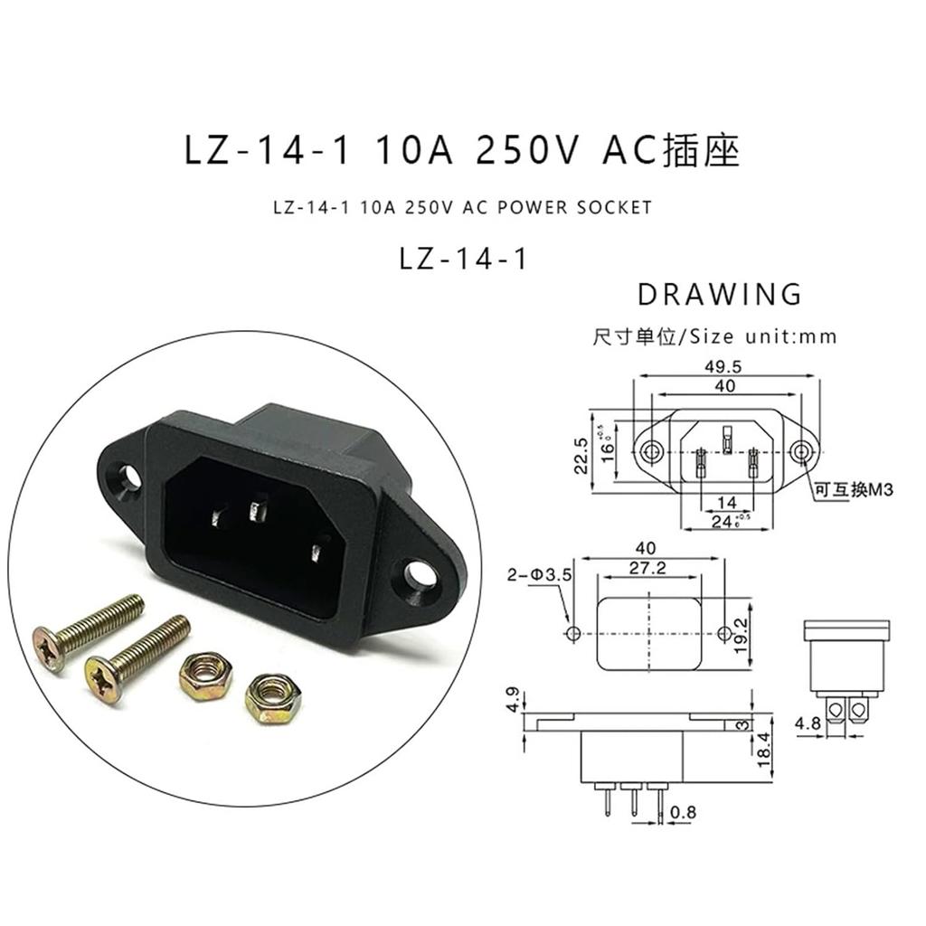 1PC LZ-14-1 10A 250V 3 Pins Chassis Panel Mounted IEC320 C14 Inlet Plug Connector AC Electrical Power Socket with 2 Sets Screws