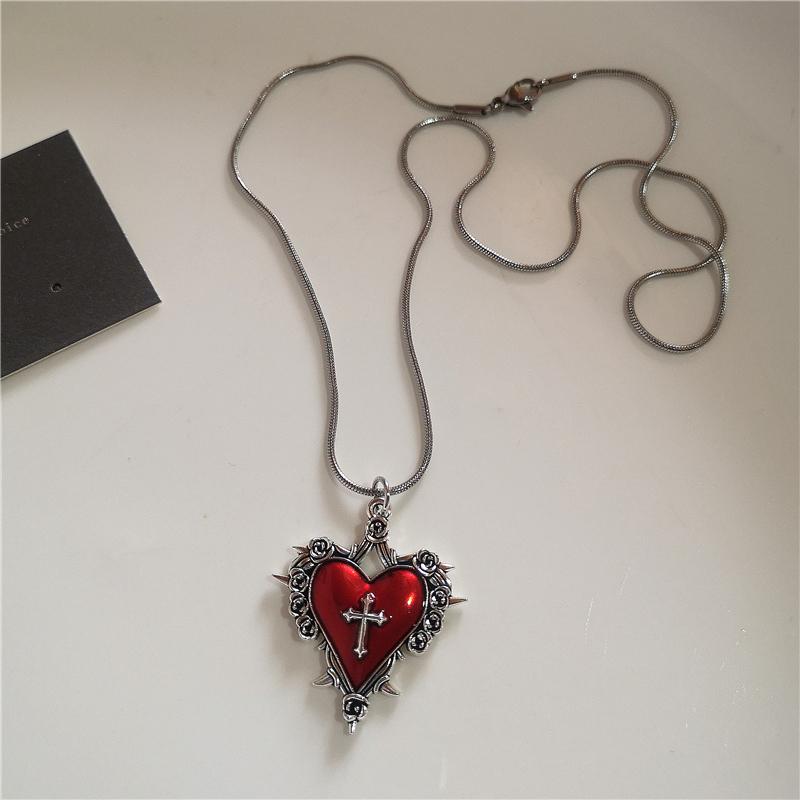 Gothic Trendy Y2K Red  Heart Cross StarPendent Snake Chain Choker Necklace For Women Men Punk Vintage Grunge Aesthetic Jewelry