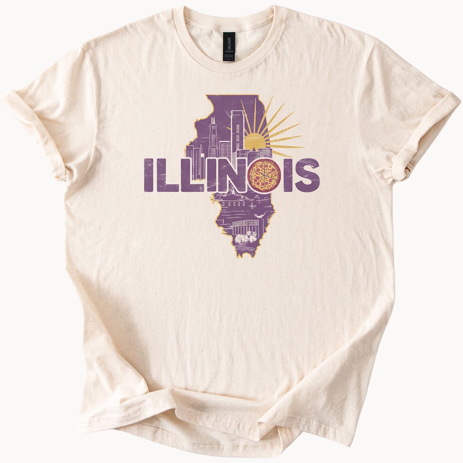 Illinois State Map Graphic T Shirt with Chicago Skyline Sunburst Deep Dish Pizza and Landmarks Unique Illinois Souvenir Shirt 130