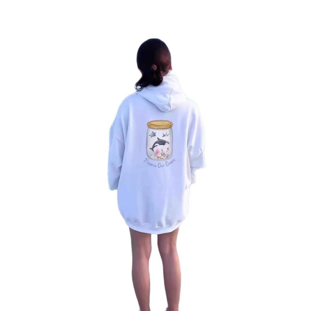 European Size Women's Drop Shoulder Ribbed Orca Print Hoodie Sweatshirt