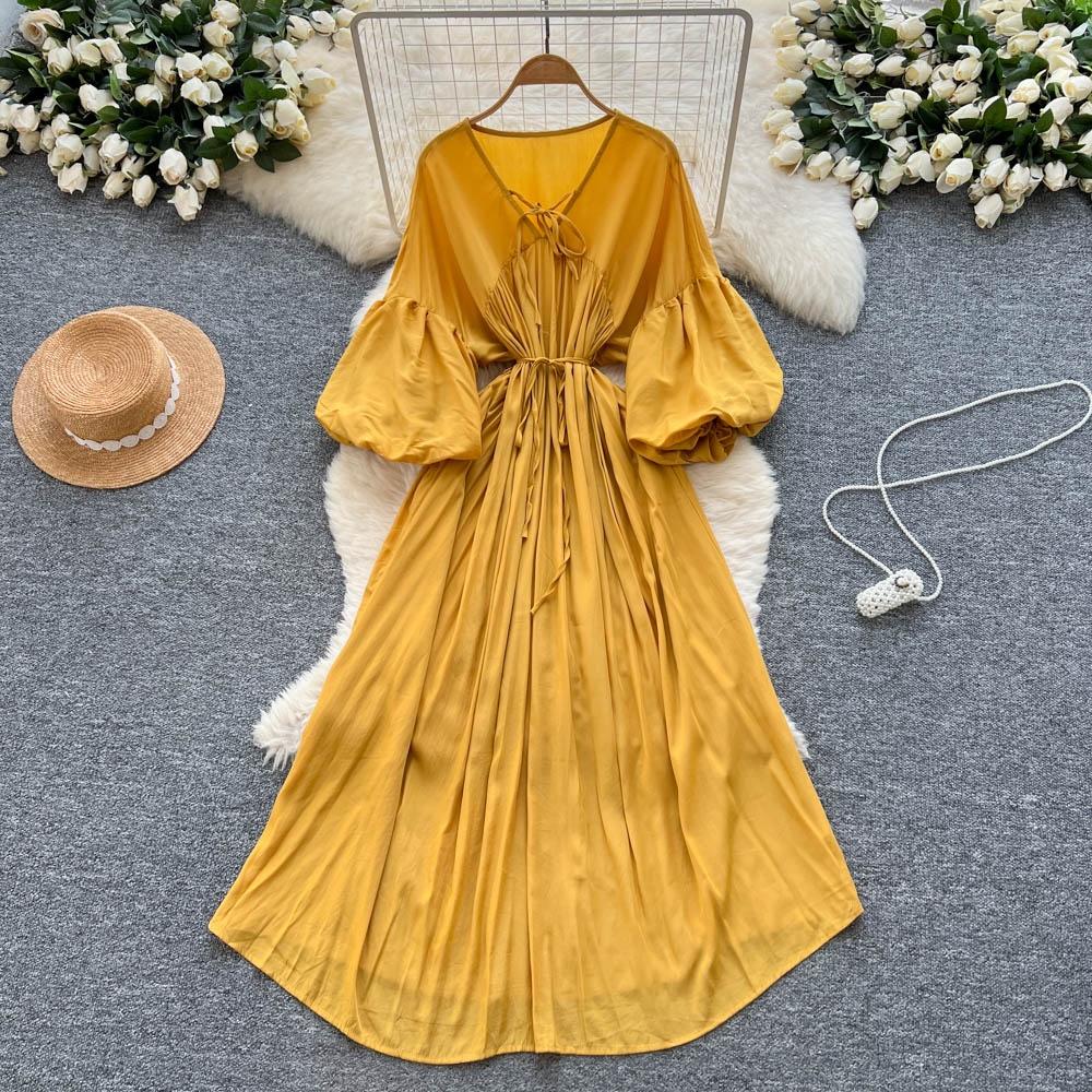 Retro V-Neck S páskem v pase Lucernový rukáv Délka ke kolenům A-Line Midi šaty Korejský Sle Letní Dlouhé šaty pro ženy