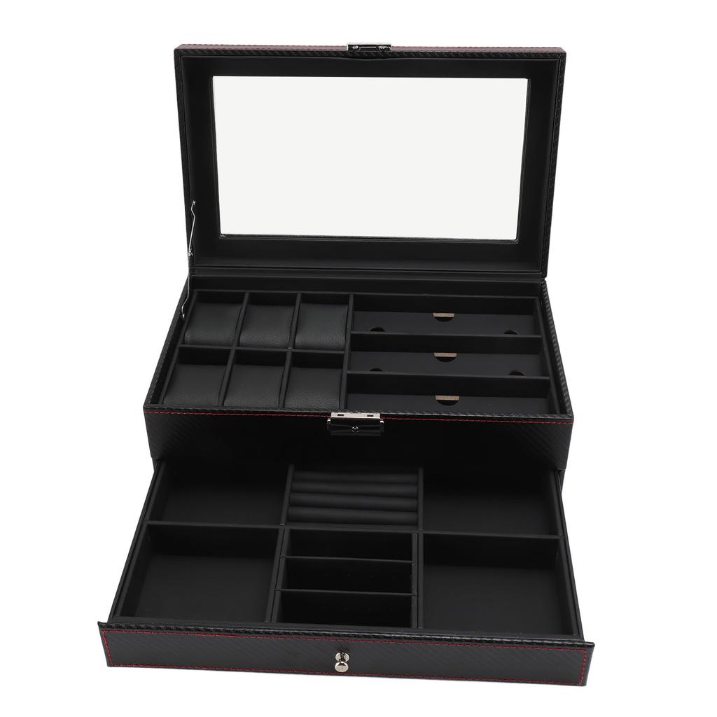 Pudełko na zegarki Etui na biżuterię Włókno węglowe Skóra PU 2 warstwy 6 przegródek Pudełko na zegarki i organizer na okulary przeciwsłoneczne